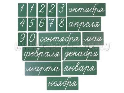 Набор магнитных карточек "Числительные" (цифры) и "Месяцы" (фон зелёный)